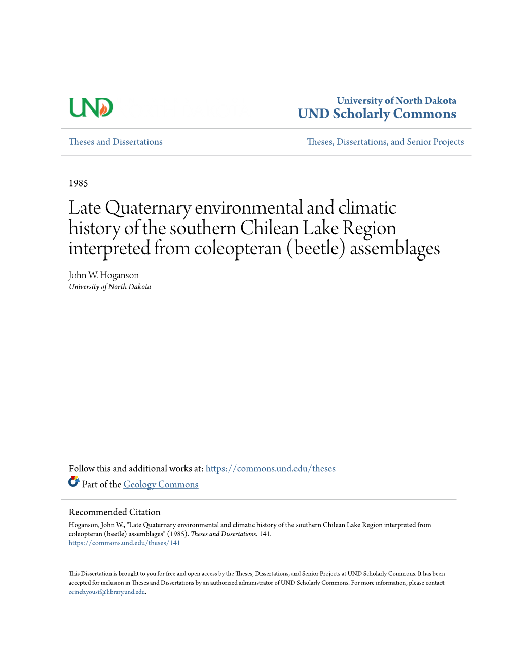 Late Quaternary Environmental and Climatic History of the Southern Chilean Lake Region Interpreted from Coleopteran (Beetle) Assemblages John W