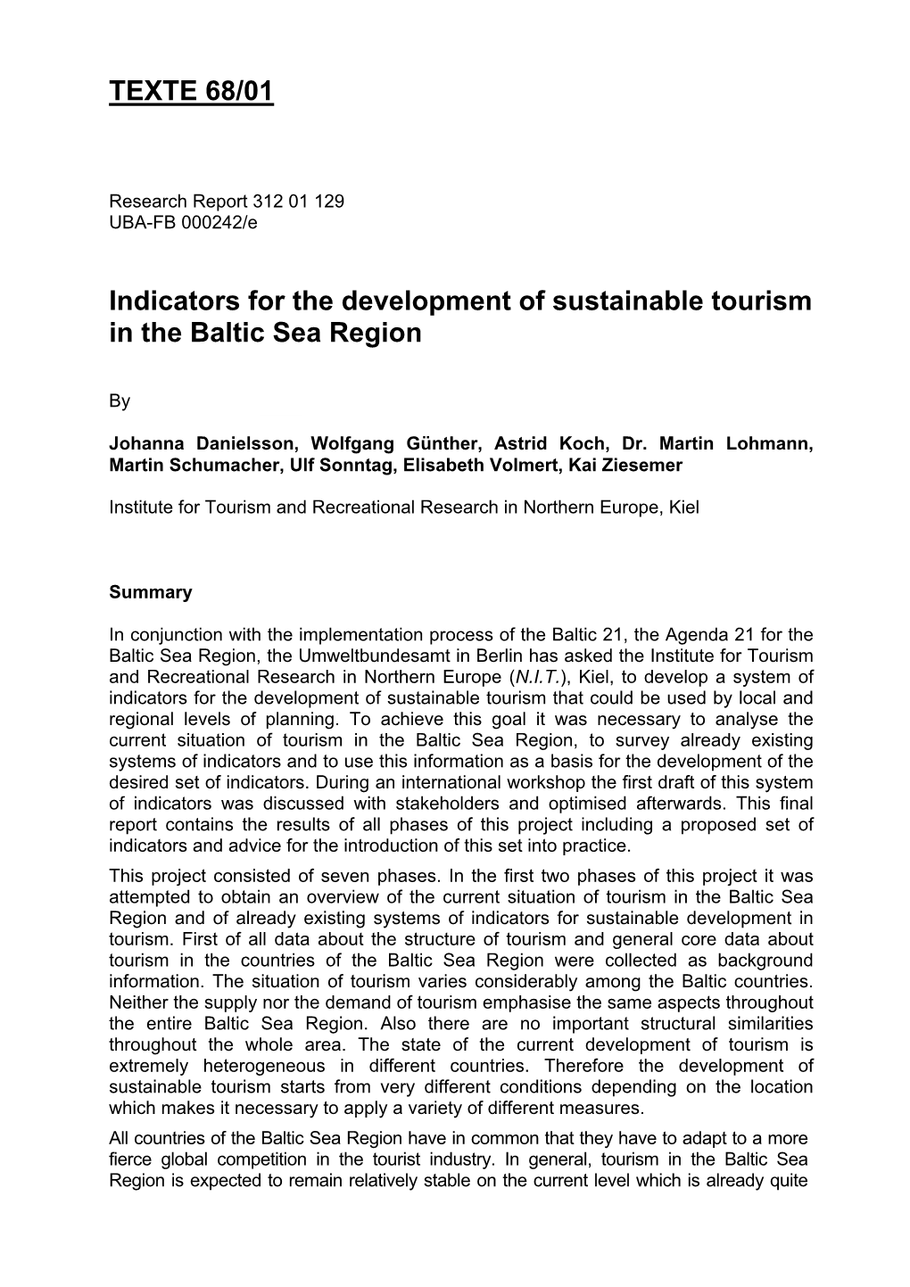 TEXTE 68/01 Indicators for the Development of Sustainable Tourism