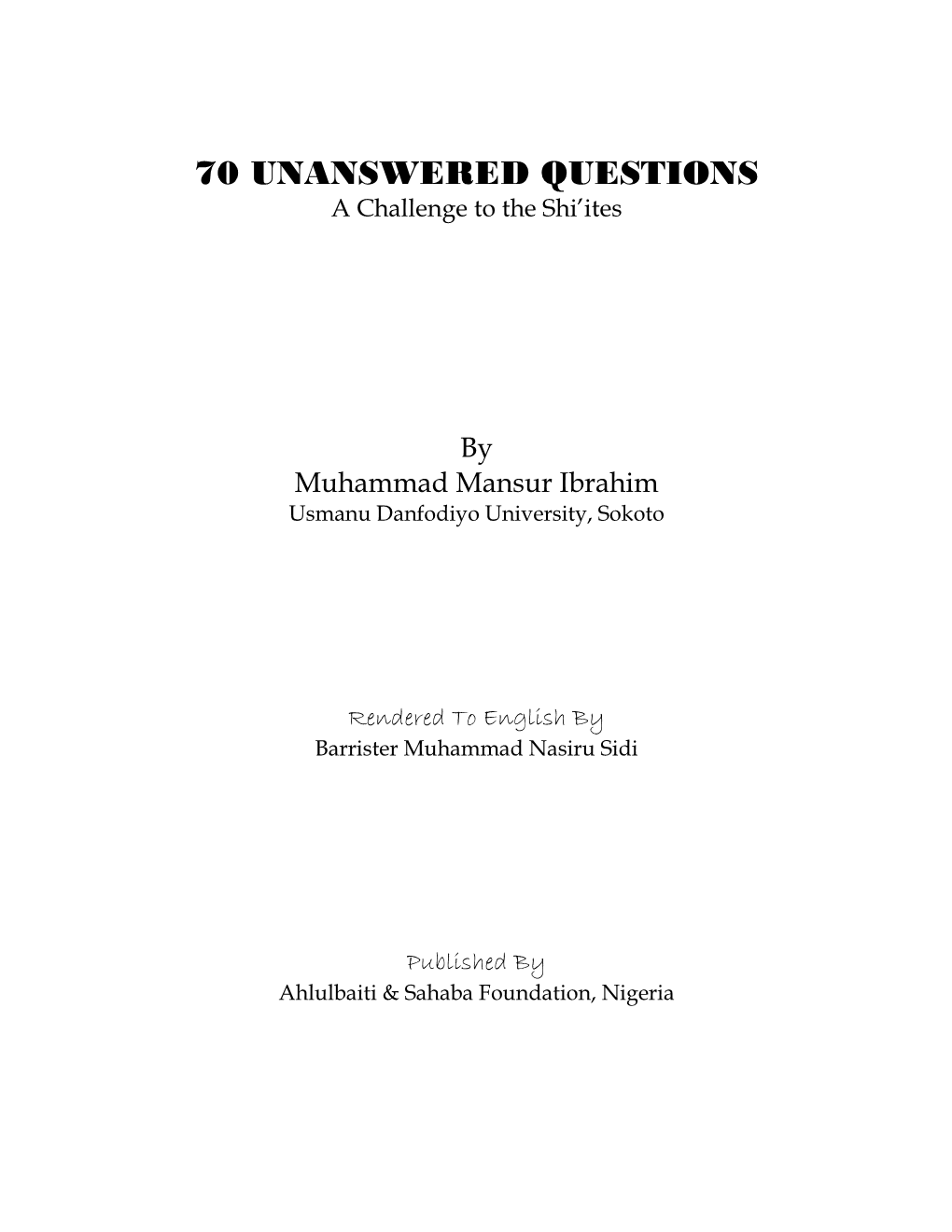 70 UNANSWERED QUESTIONS to Shia