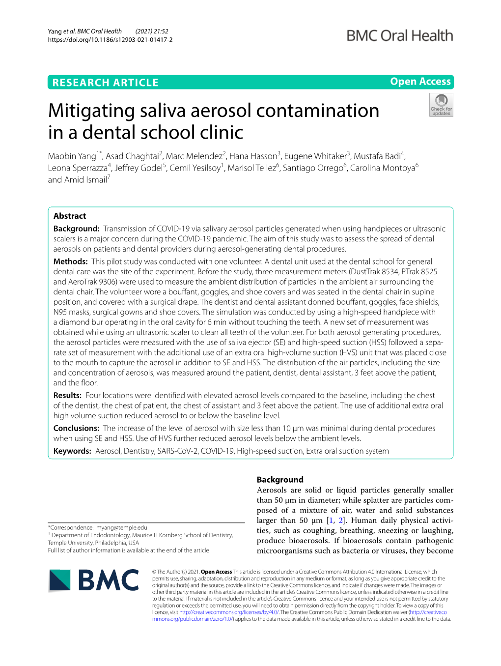 Mitigating Saliva Aerosol Contamination in a Dental School Clinic