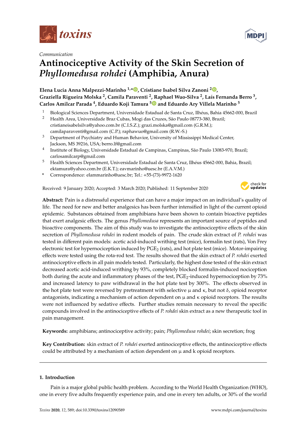 Antinociceptive Activity of the Skin Secretion of Phyllomedusa Rohdei (Amphibia, Anura)