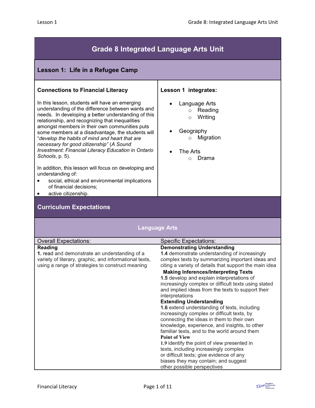 Lesson 1Grade 8: Integrated Language Arts Unit