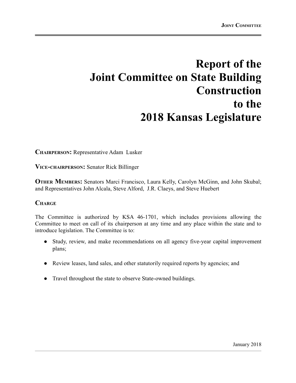 Report of the Joint Committee on State Building Construction to the 2018 Kansas Legislature
