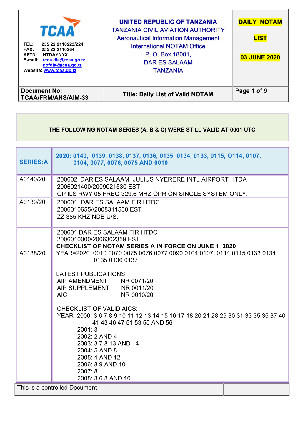 Aeronautical Information Promulgation Advice Form