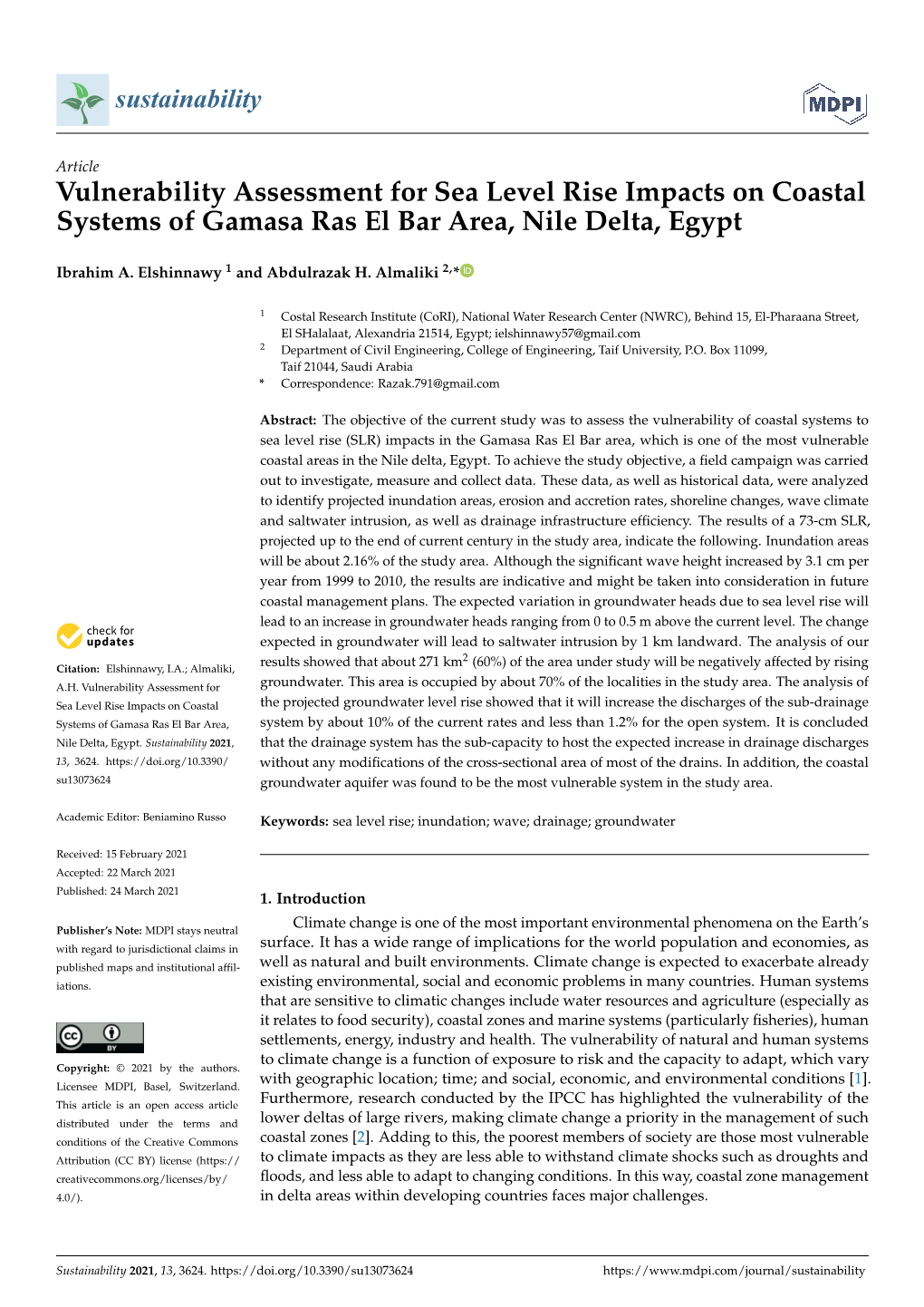 Vulnerability Assessment for Sea Level Rise Impacts on Coastal Systems of Gamasa Ras El Bar Area, Nile Delta, Egypt