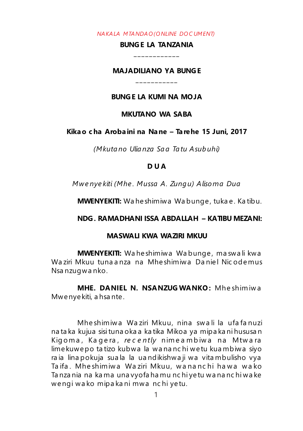 Nakala Mtandao(Online Document) Bunge La Tanzania ______