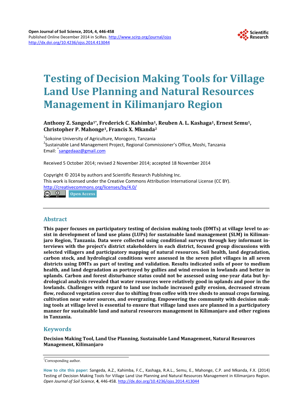 Testing of Decision Making Tools for Village Land Use Planning and Natural Resources Management in Kilimanjaro Region