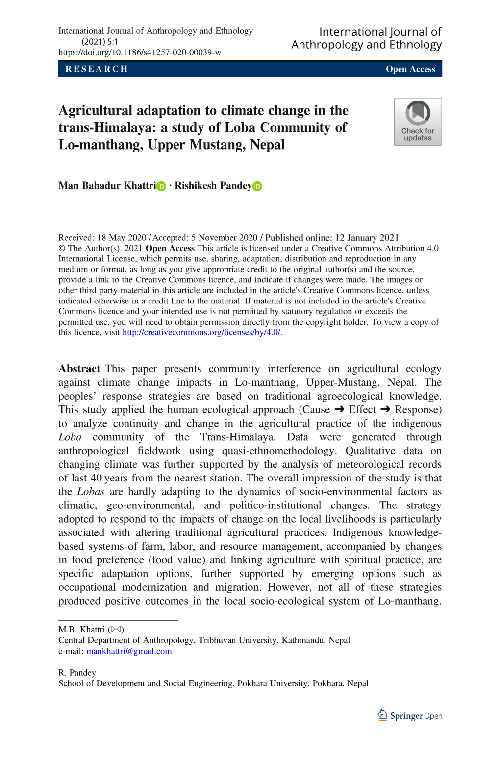 Agricultural Adaptation to Climate Change in the Trans-Himalaya: a Study of Loba Community of Lo-Manthang, Upper Mustang, Nepal