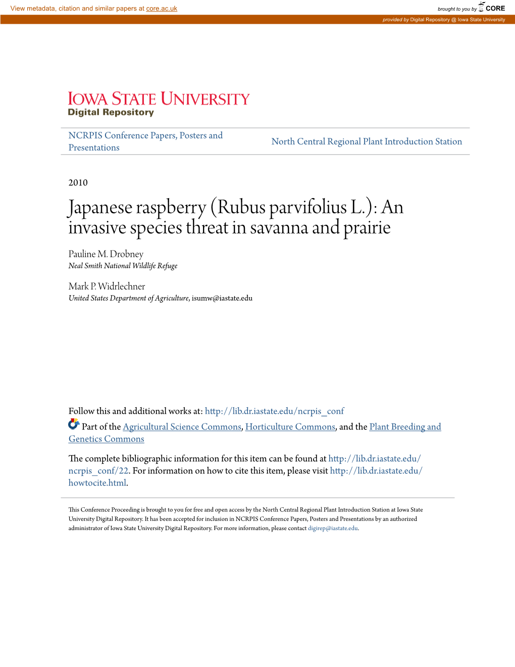 (Rubus Parvifolius L.): an Invasive Species Threat in Savanna and Prairie Pauline M