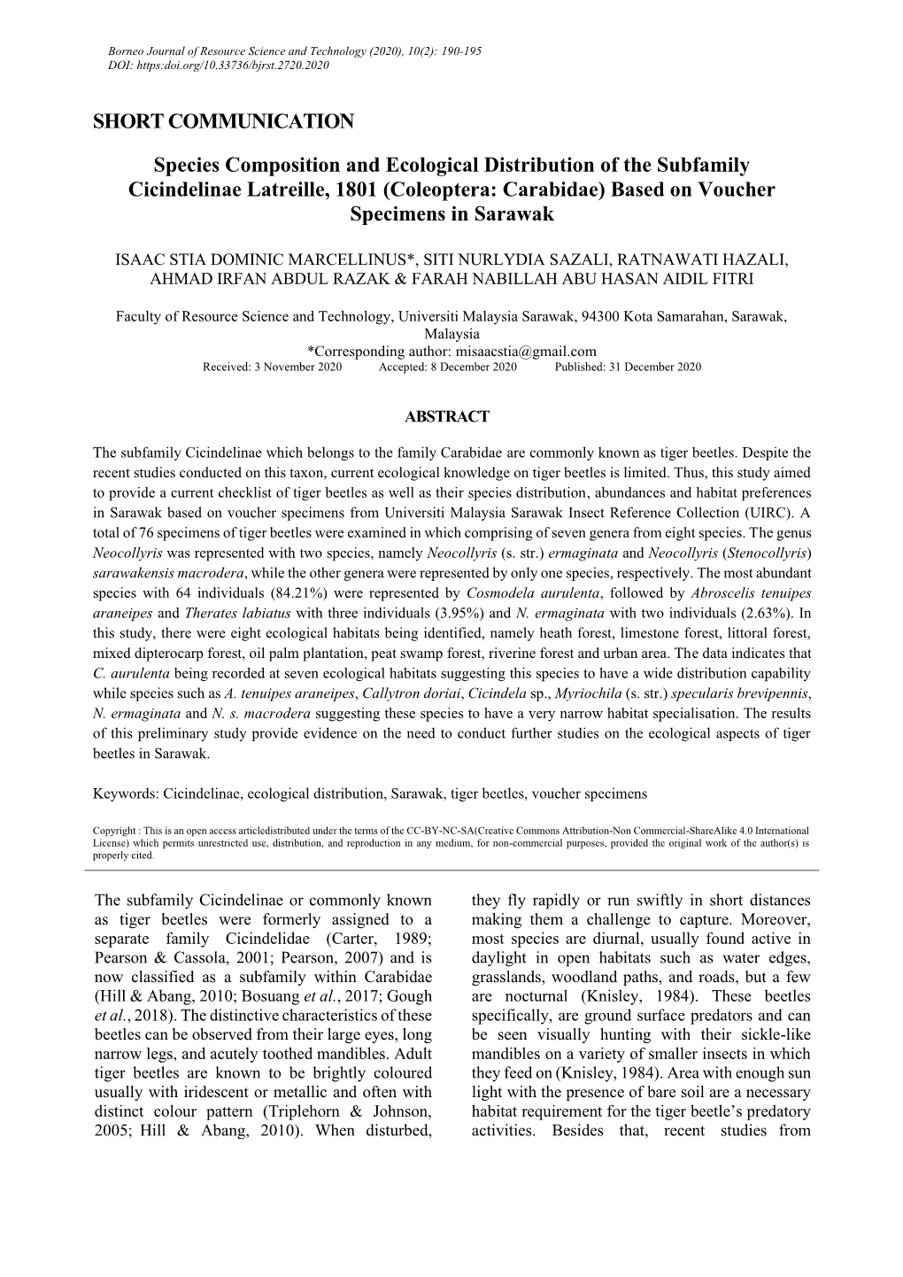 SHORT COMMUNICATION Species Composition and Ecological