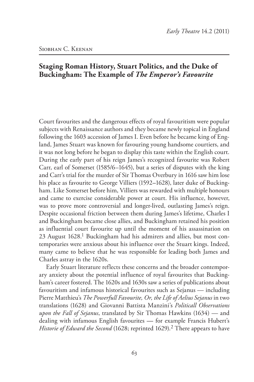 Staging Roman History, Stuart Politics, and the Duke of Buckingham: the Example of the Emperor’S Favourite