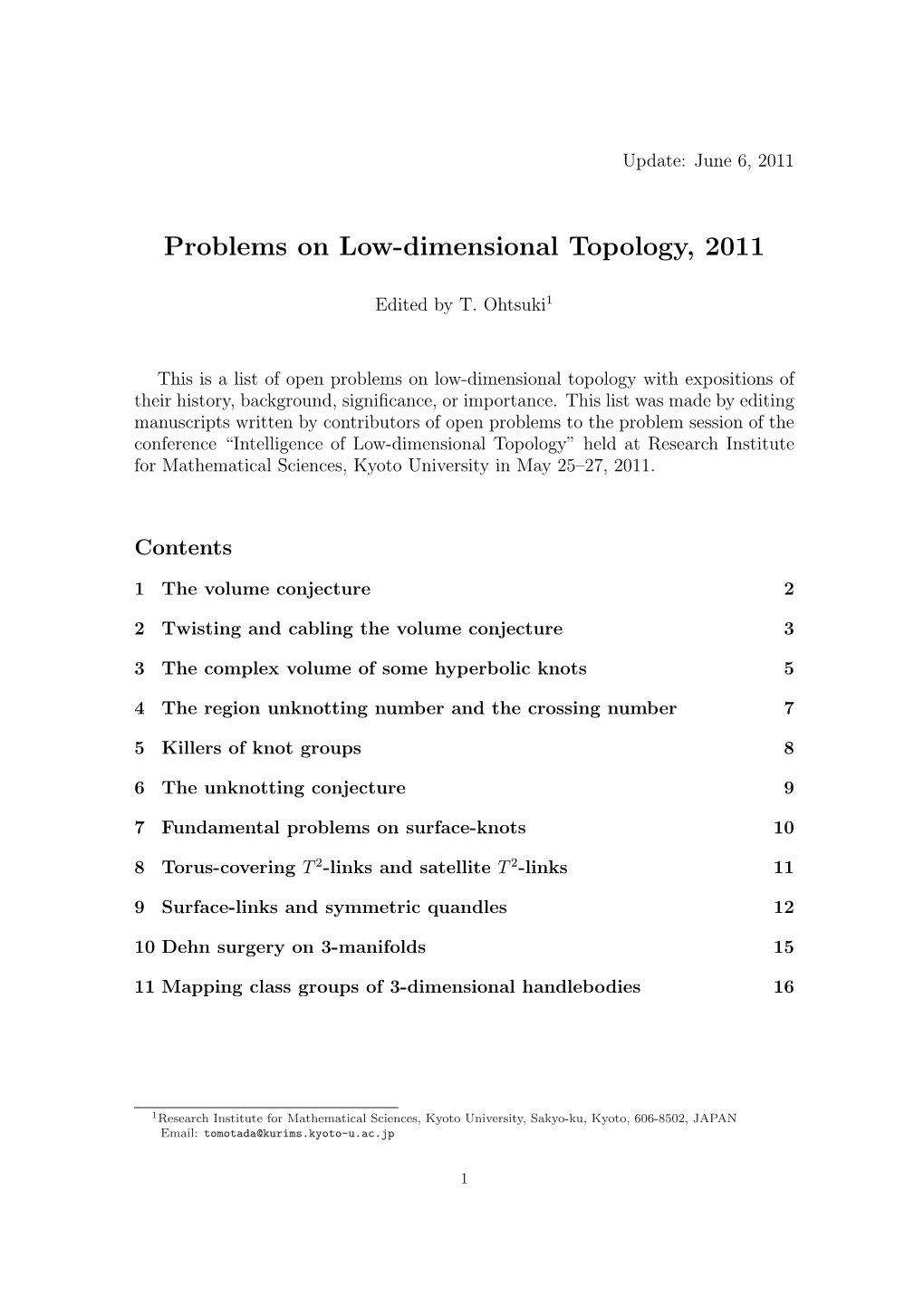 Problems on Low-Dimensional Topology, 2011