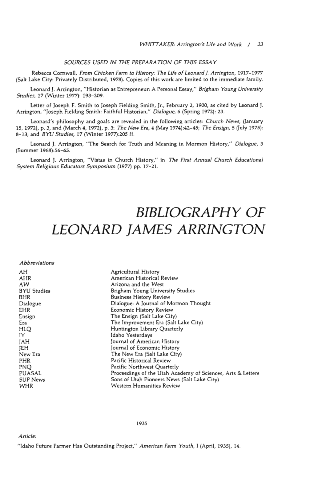 Bibliography of Leonard James Arrington