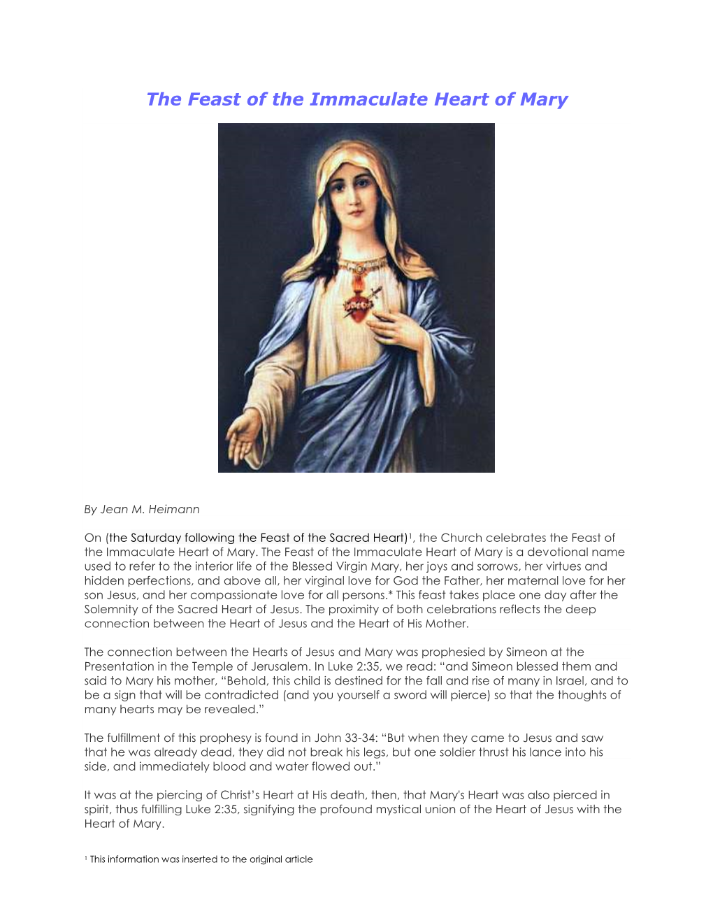 The Feast of the Immaculate Heart of Mary