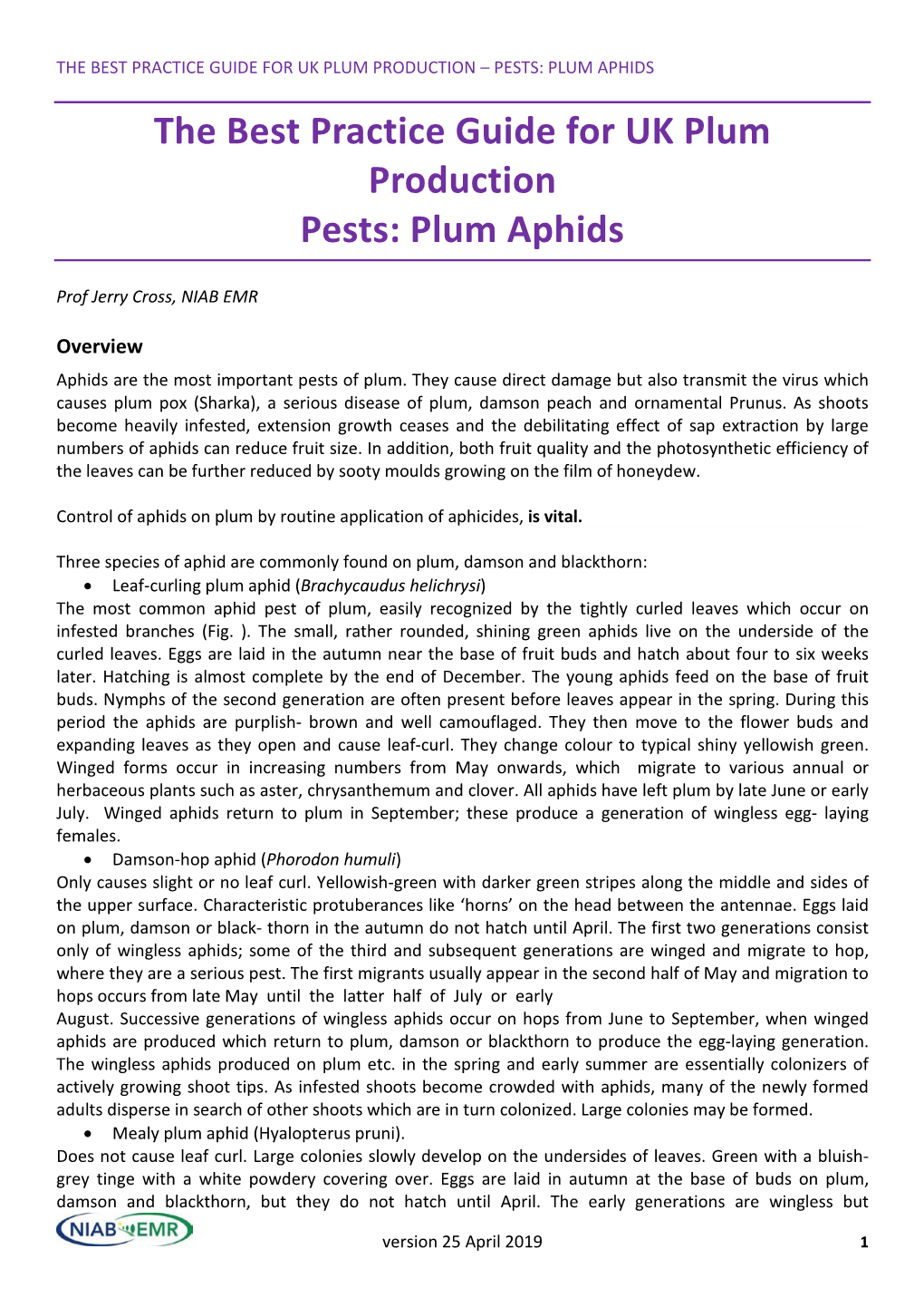 The Best Practice Guide for UK Plum Production Pests: Plum Aphids