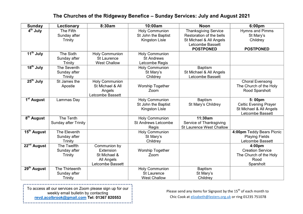 Sunday Services: July and August 2021