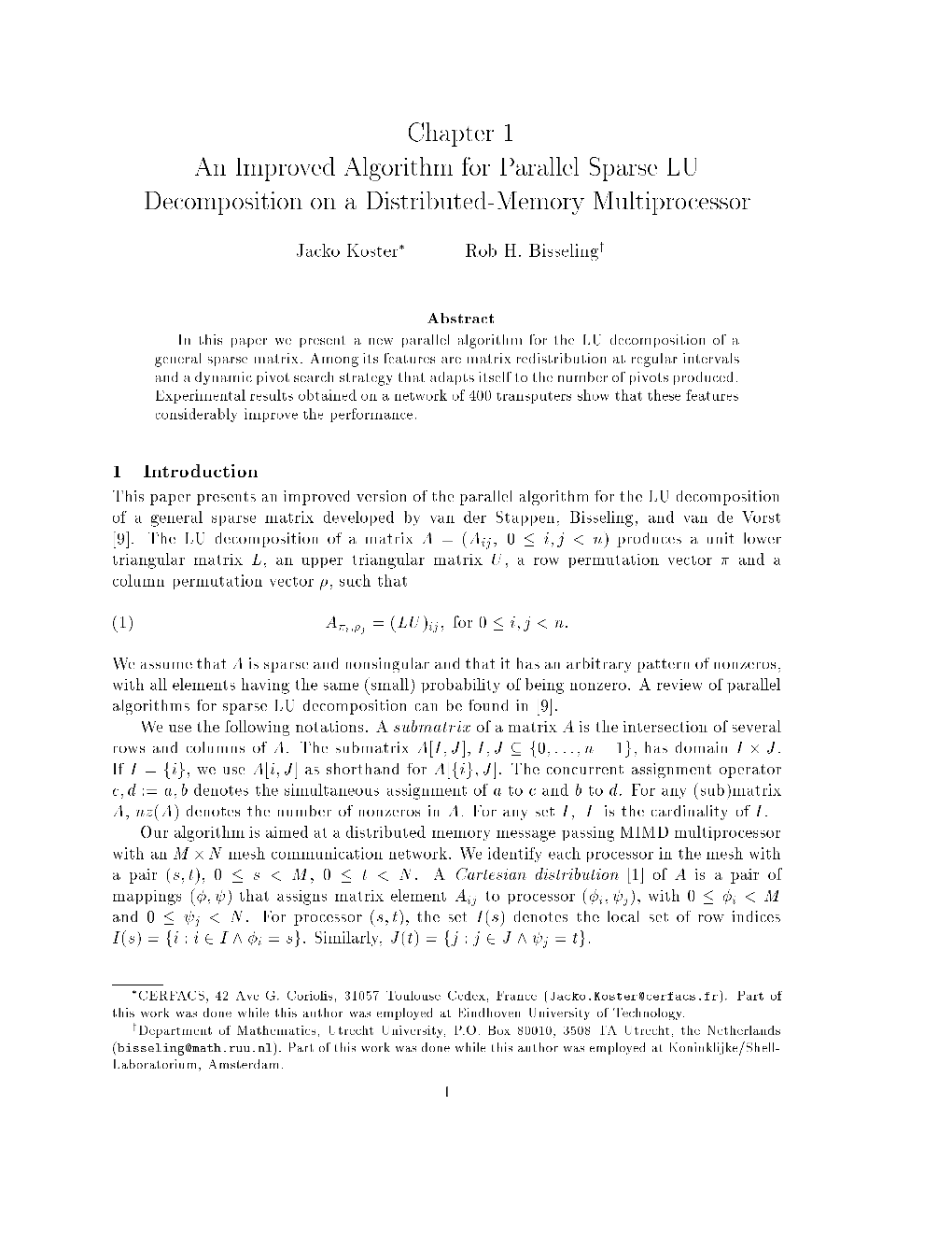 Chapter 1 an Improved Algorithm for Parallel Sparse LU Decomposition on a Distributed-Memory Multiprocessor