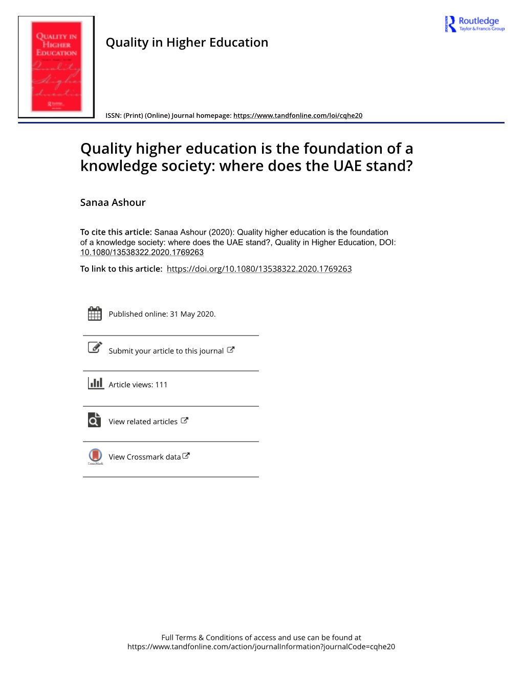 Quality Higher Education Is the Foundation of a Knowledge Society: Where Does the UAE Stand?