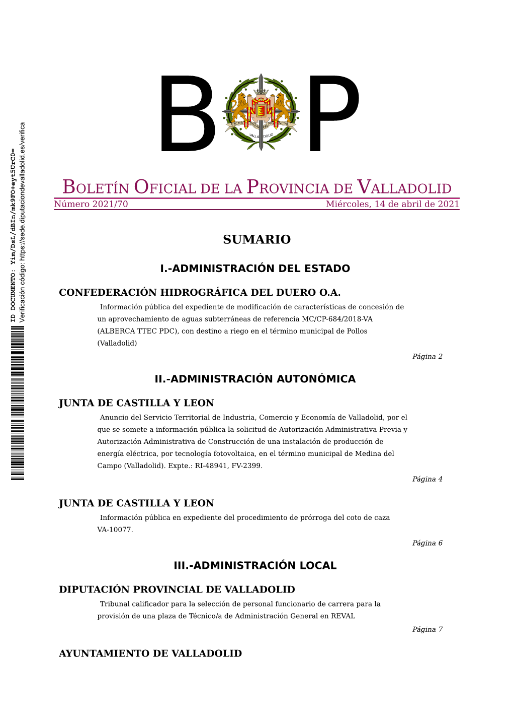 BOLETÍN OFICIAL DE LA PROVINCIA DE VALLADOLID Número 2021/70 Miércoles, 14 De Abril De 2021