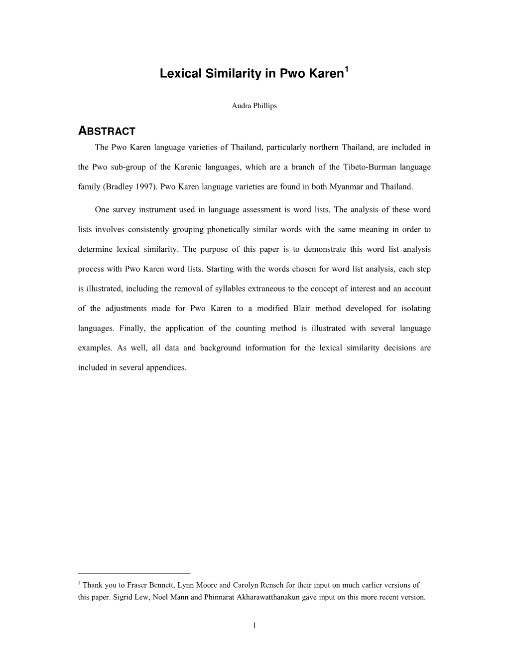 Lexical Similarity in Pwo Karen 1