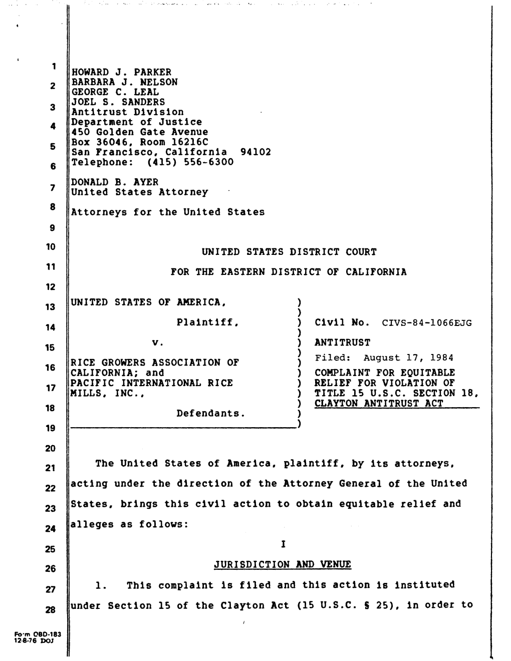 Complaint for Equitable Relief for Violation of Title 15 U.S.C. Section 18, Clayton Antitrust Act: U.S. V. Rice Growers Associat