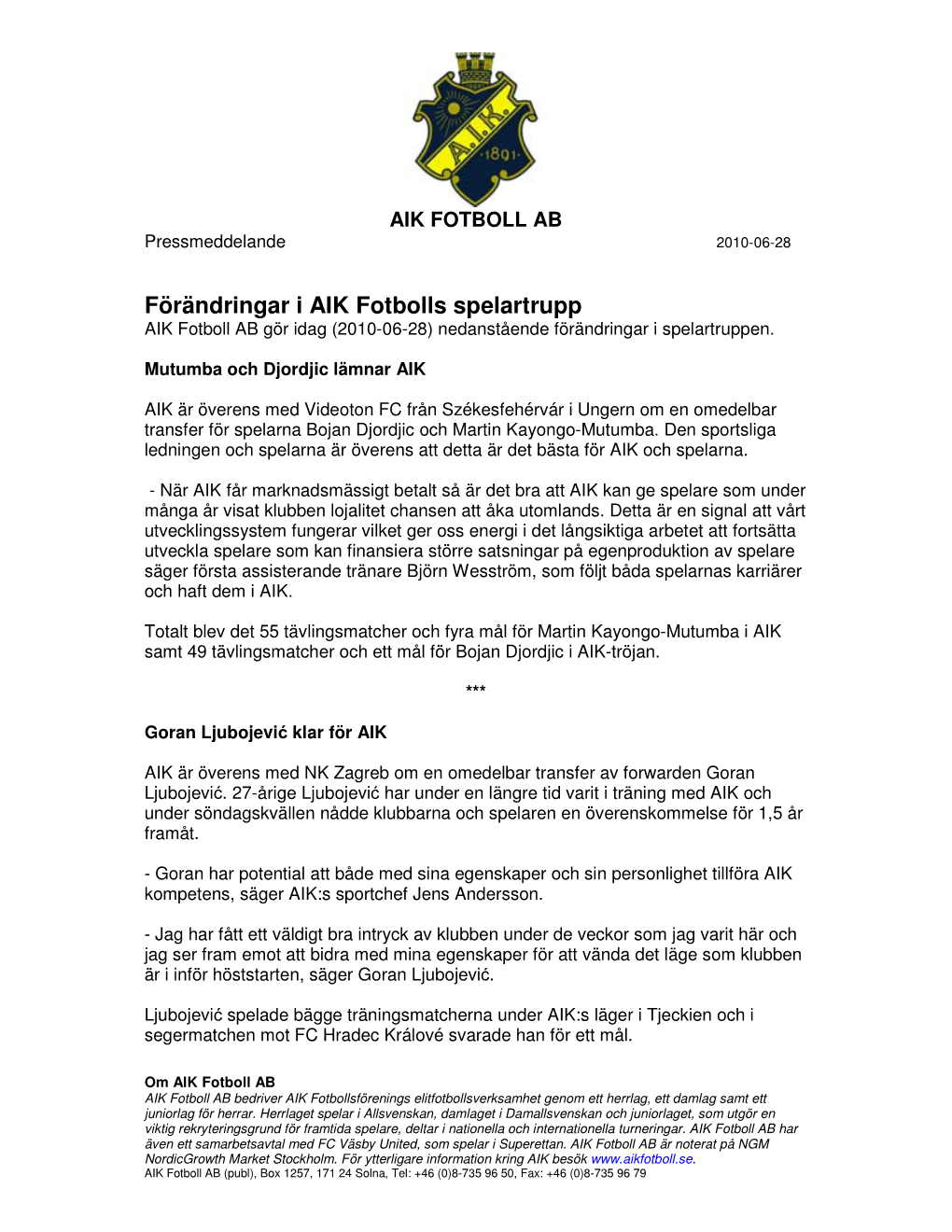 Förändringar I AIK Fotbolls Spelartrupp AIK Fotboll AB Gör Idag (2010-06-28) Nedanstående Förändringar I Spelartruppen