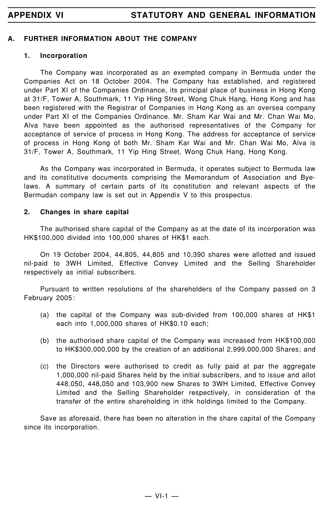 Appendix Vi Statutory and General Information