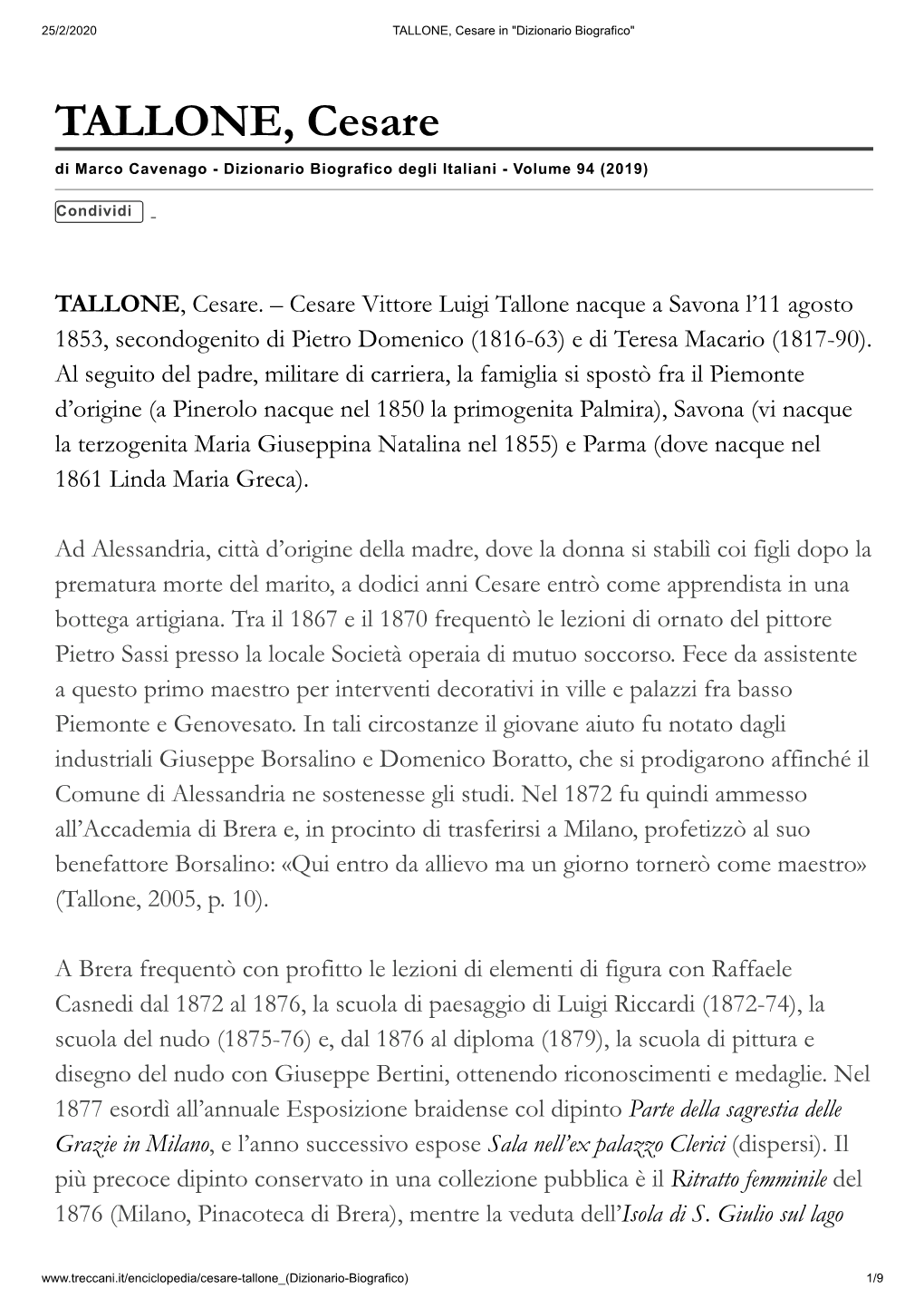 TALLONE, Cesare in "Dizionario Biografico"