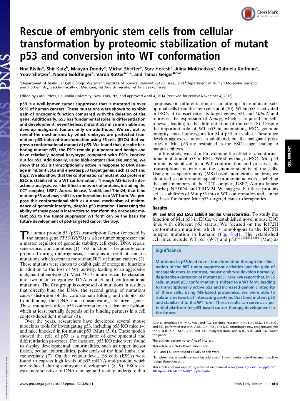 Rescue of Embryonic Stem Cells from Cellular Transformation by Proteomic Stabilization of Mutant P53 and Conversion Into WT Conformation