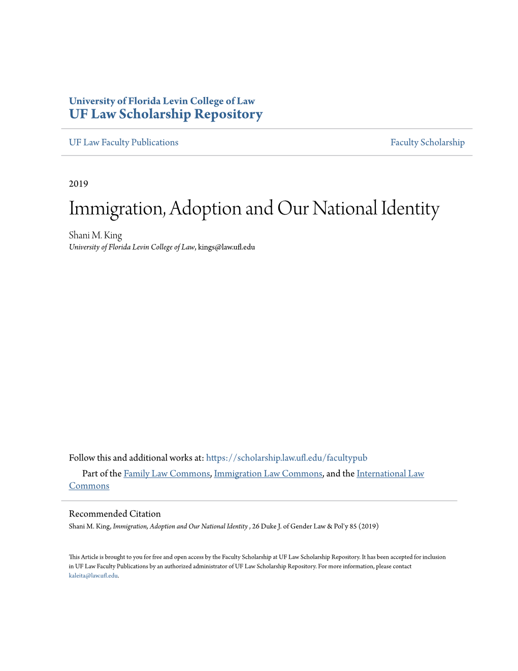 Immigration, Adoption and Our National Identity Shani M