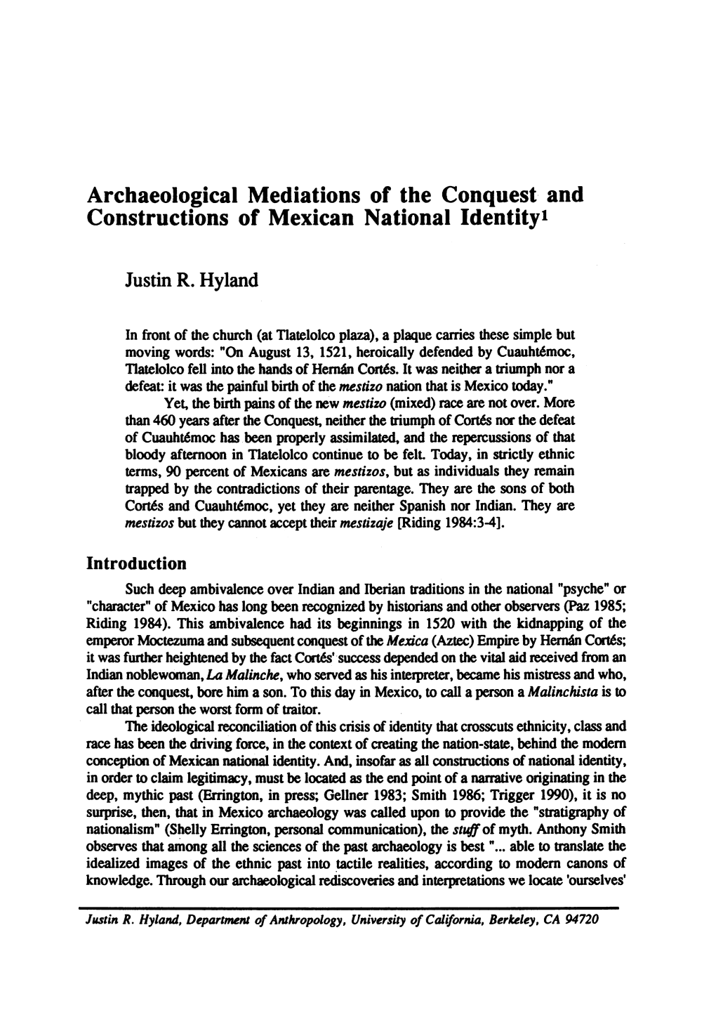 Archaeological Mediations of the Conquest and Constructions of Mexican National Identity'