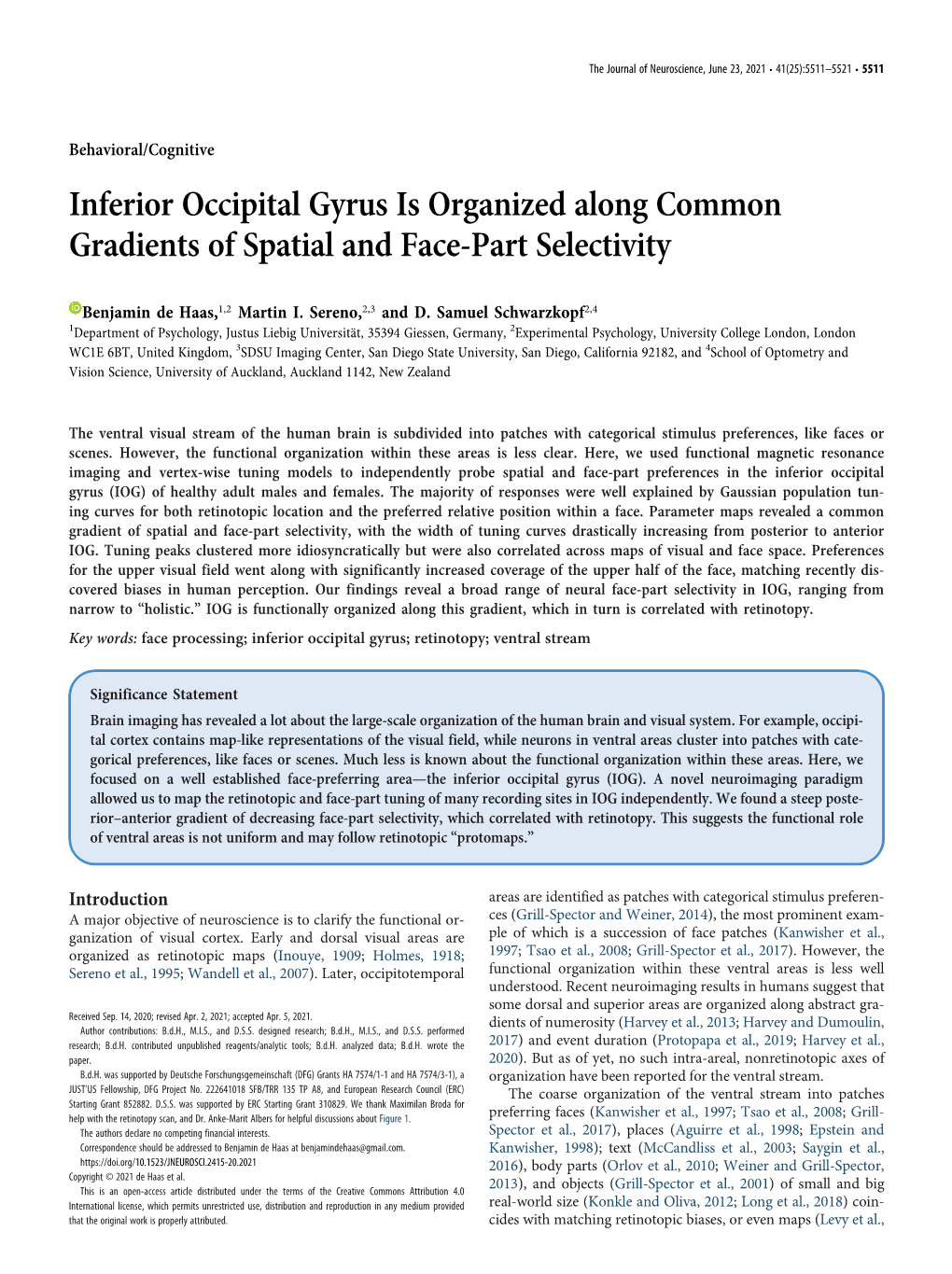 Inferior Occipital Gyrus Is Organized Along Common Gradients of Spatial and Face-Part Selectivity