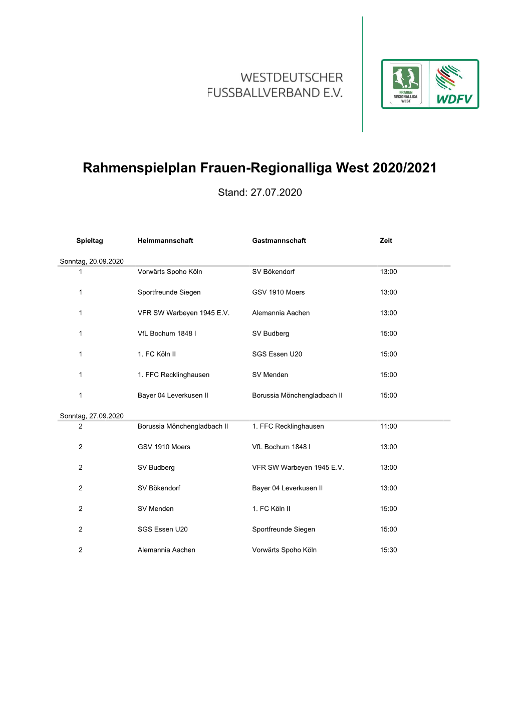 Rahmenspielplan Frauen-Regionalliga West 2020/2021