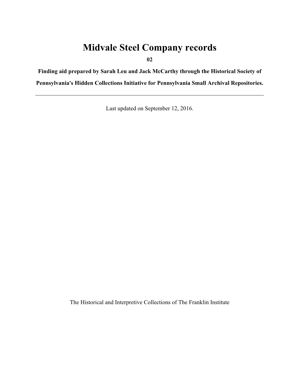 Midvale Steel Company Records
