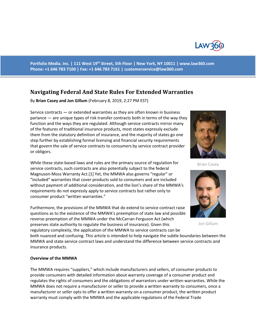Navigating Federal and State Rules for Extended Warranties by Brian Casey and Jon Gillum (February 8, 2019, 2:27 PM EST)