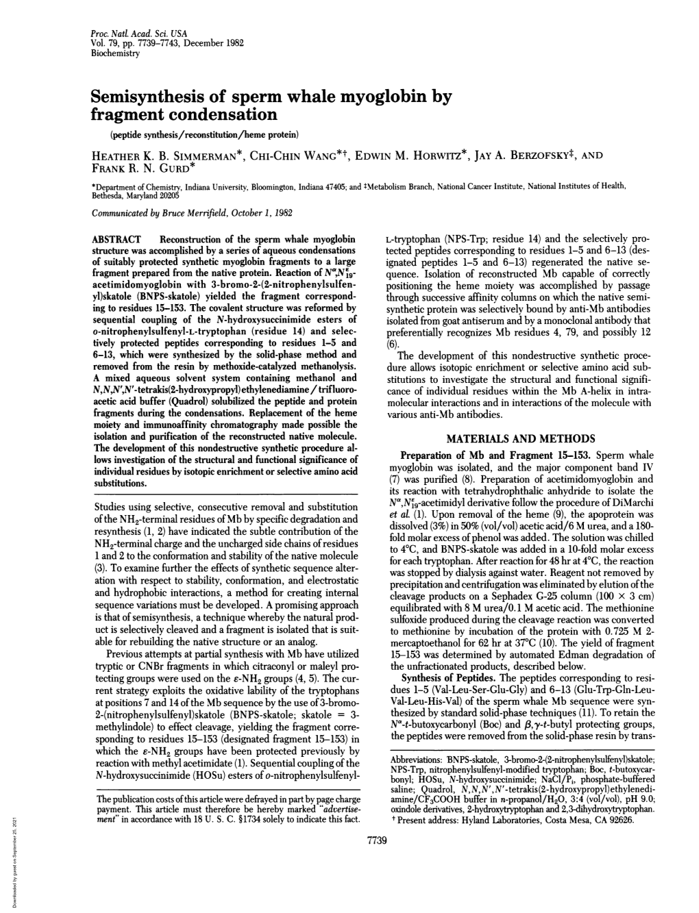 Semisynthesis of Sperm Whale Myoglobin by Fragment Condensation (Peptide Synthesis/Reconstitution/Heme Protein) HEATHER K