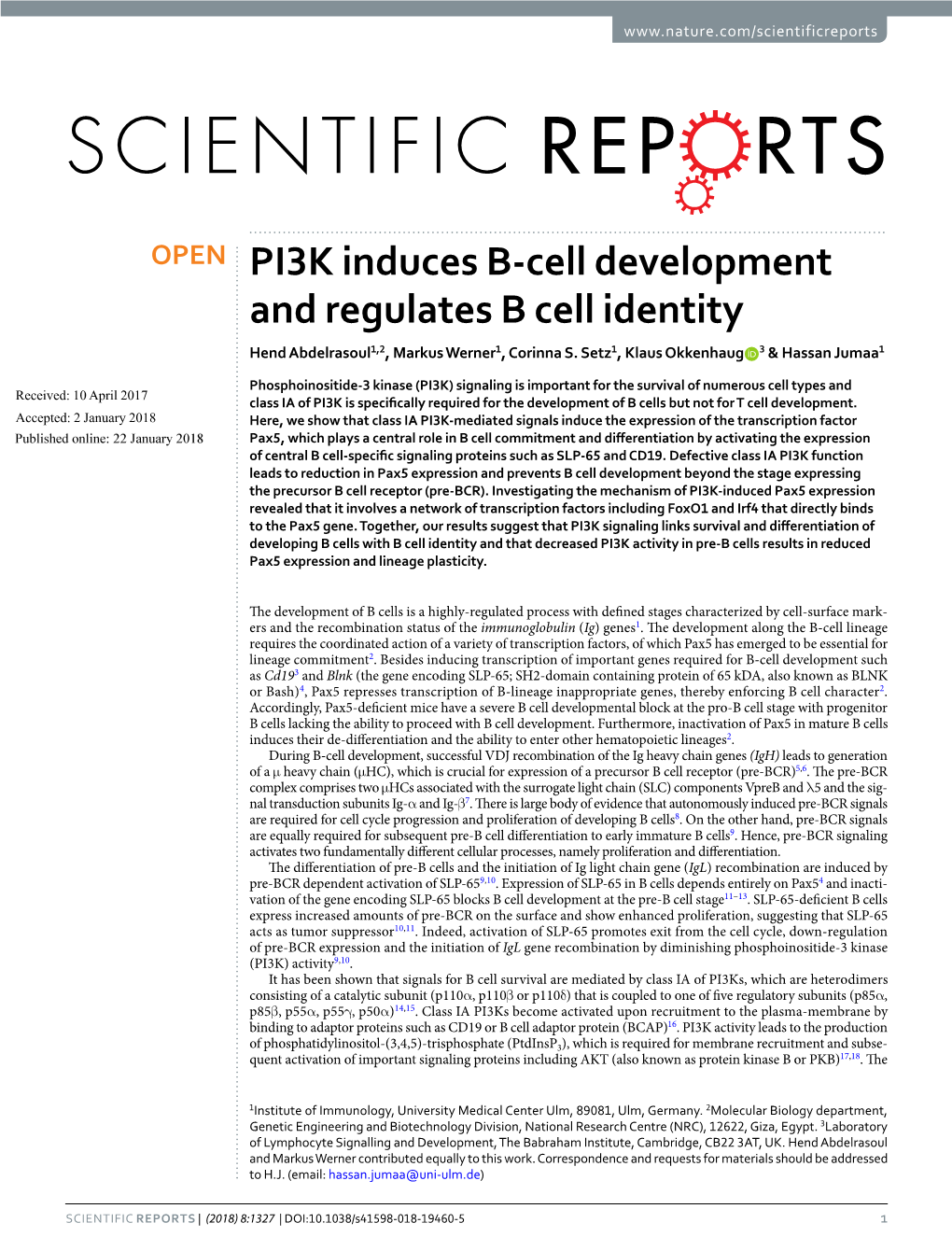 PI3K Induces B-Cell Development and Regulates B Cell Identity Hend Abdelrasoul1,2, Markus Werner1, Corinna S