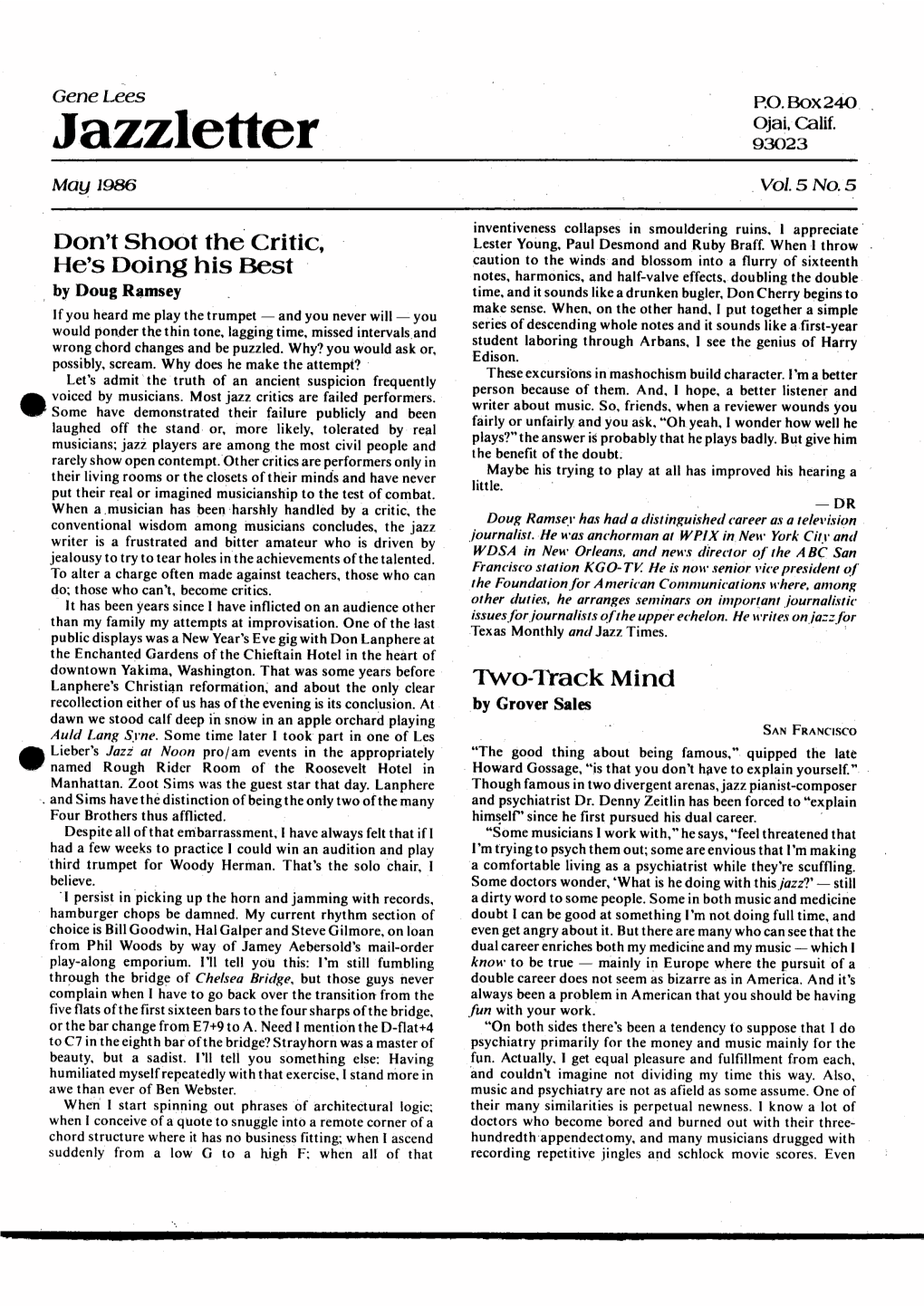 Jazzletter 93023 May 1986 , Vol.5 No.5