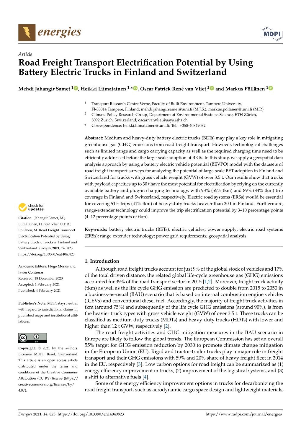 Road Freight Transport Electrification Potential by Using Battery Electric