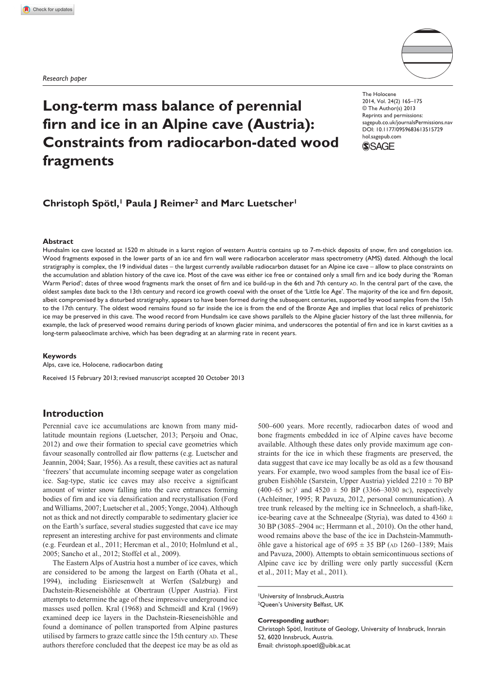 Long-Term Mass Balance of Perennial Firn and Ice in an Alpine Cave (Austria): Constraints from Radiocarbon-Dated Wood Fragments