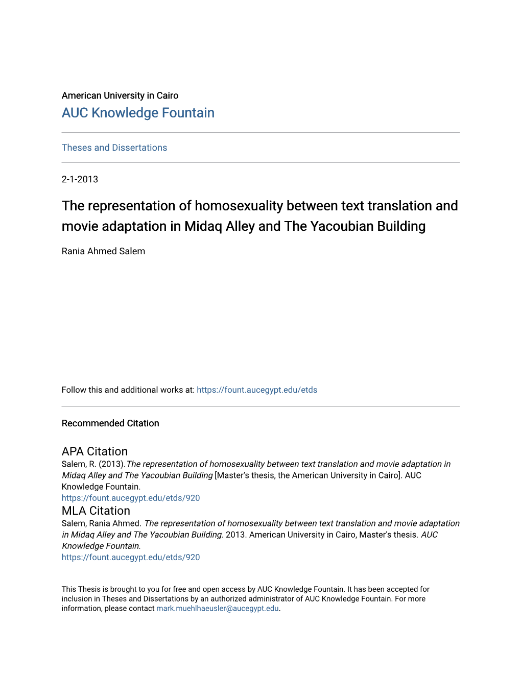 The Representation of Homosexuality Between Text Translation and Movie Adaptation in Midaq Alley and the Yacoubian Building