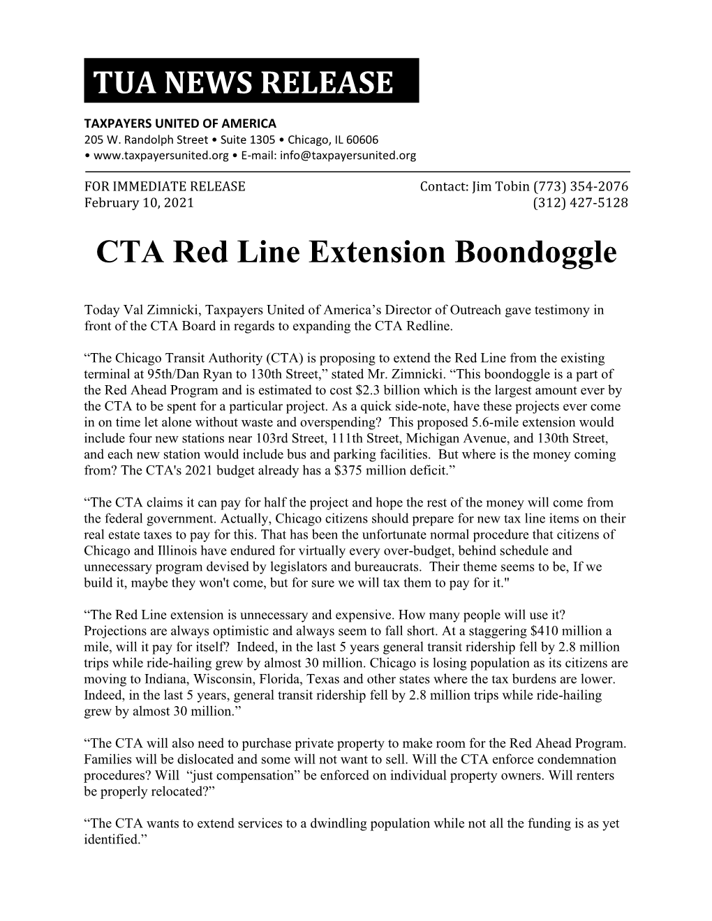 TUA NEWS RELEASE CTA Red Line Extension Boondoggle