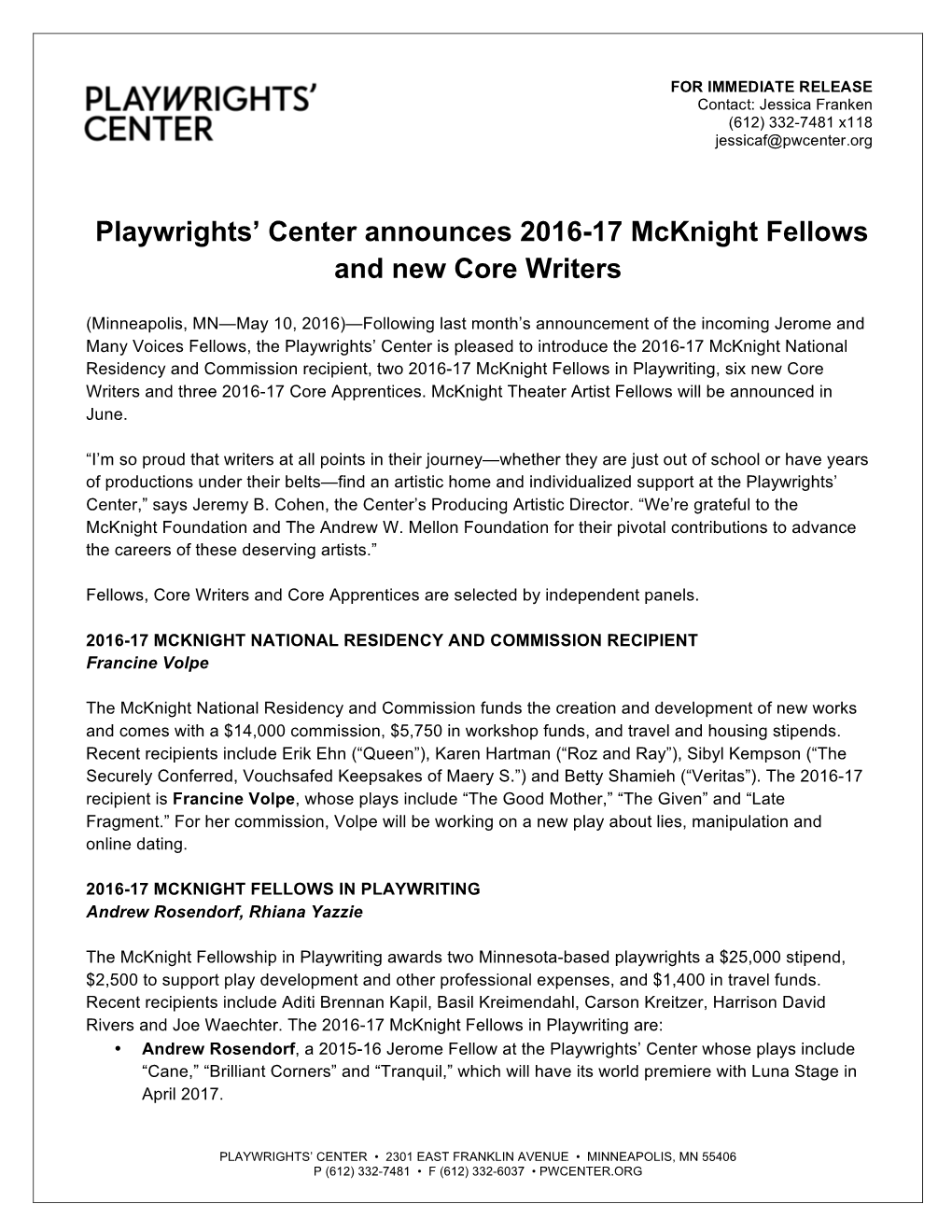 Playwrights' Center Announces 2016-17 Mcknight Fellows and New