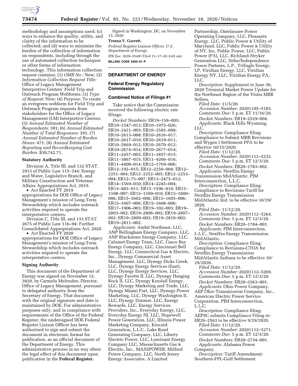 Federal Register/Vol. 85, No. 223/Wednesday, November 18, 2020/Notices