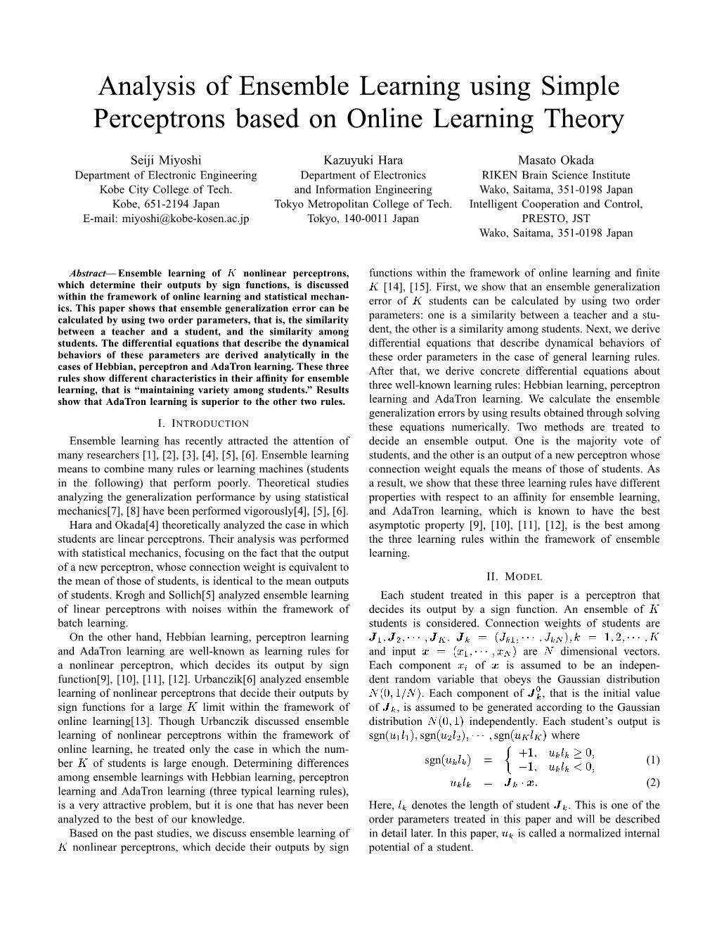 Analysis of Ensemble Learning Using Simple Perceptrons Based on Online Learning Theory