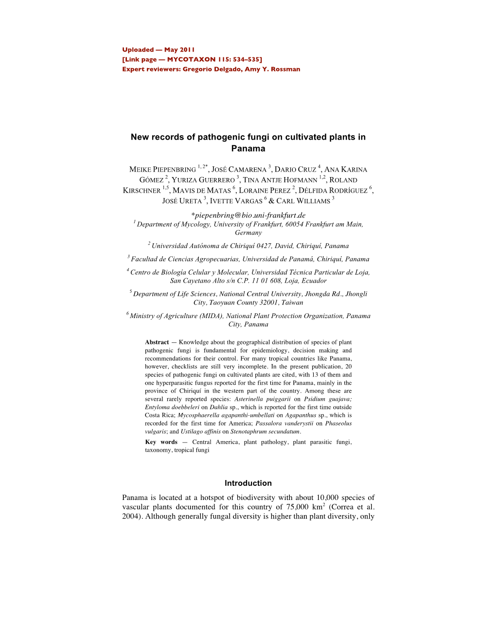 New Records of Pathogenic Fungi on Cultivated Plants in Panama