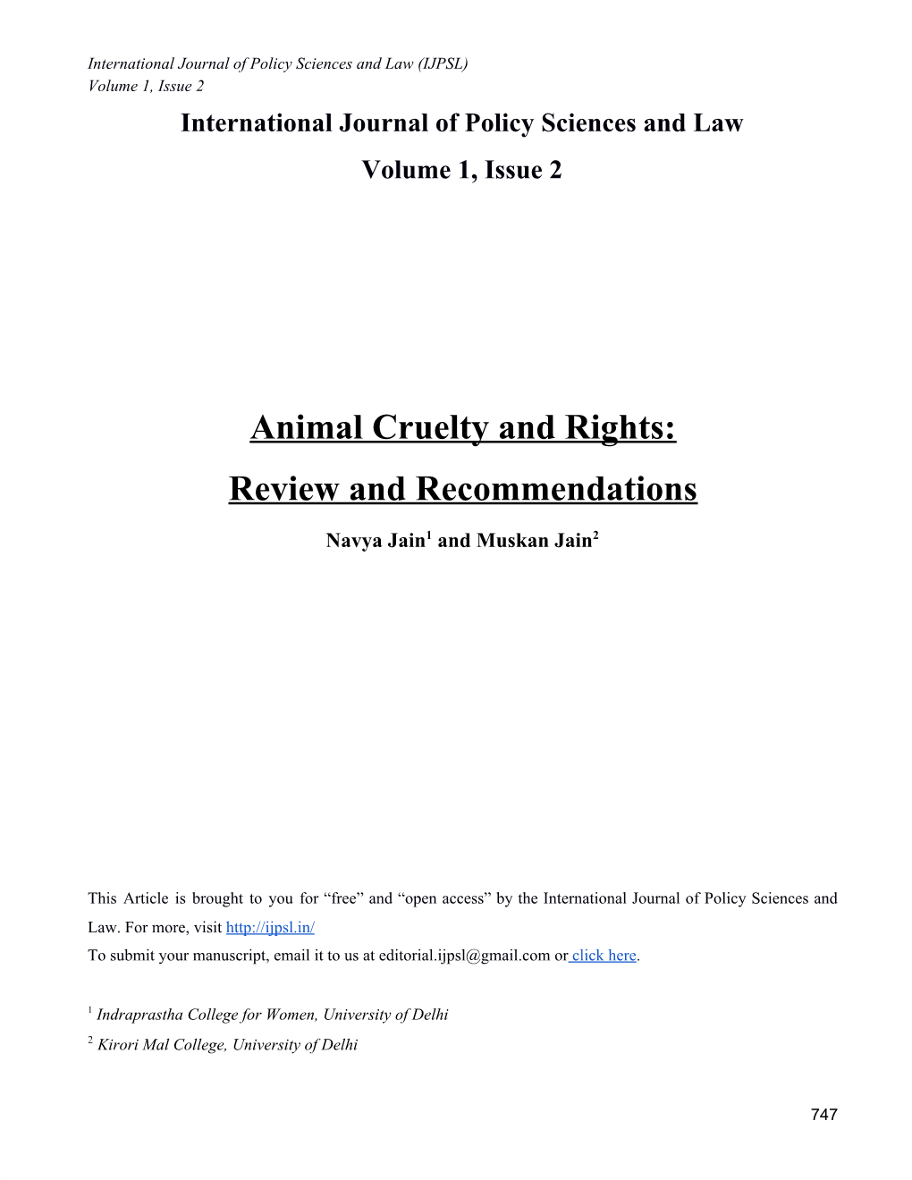 Animal Cruelty and Rights: Review and Recommendations