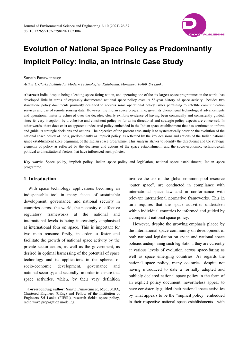 Evolution of National Space Policy As Predominantly Implicit Policy: India, an Intrinsic Case Study