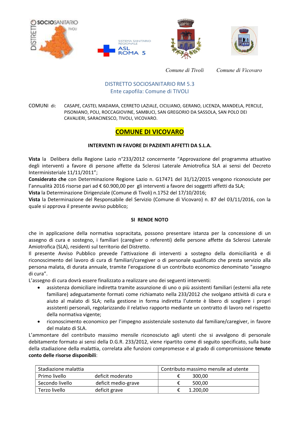 SLA Ai Sensi Del Decreto Interministeriale 11/11/2011”; Considerato Che Con Determinazione Regione Lazio N