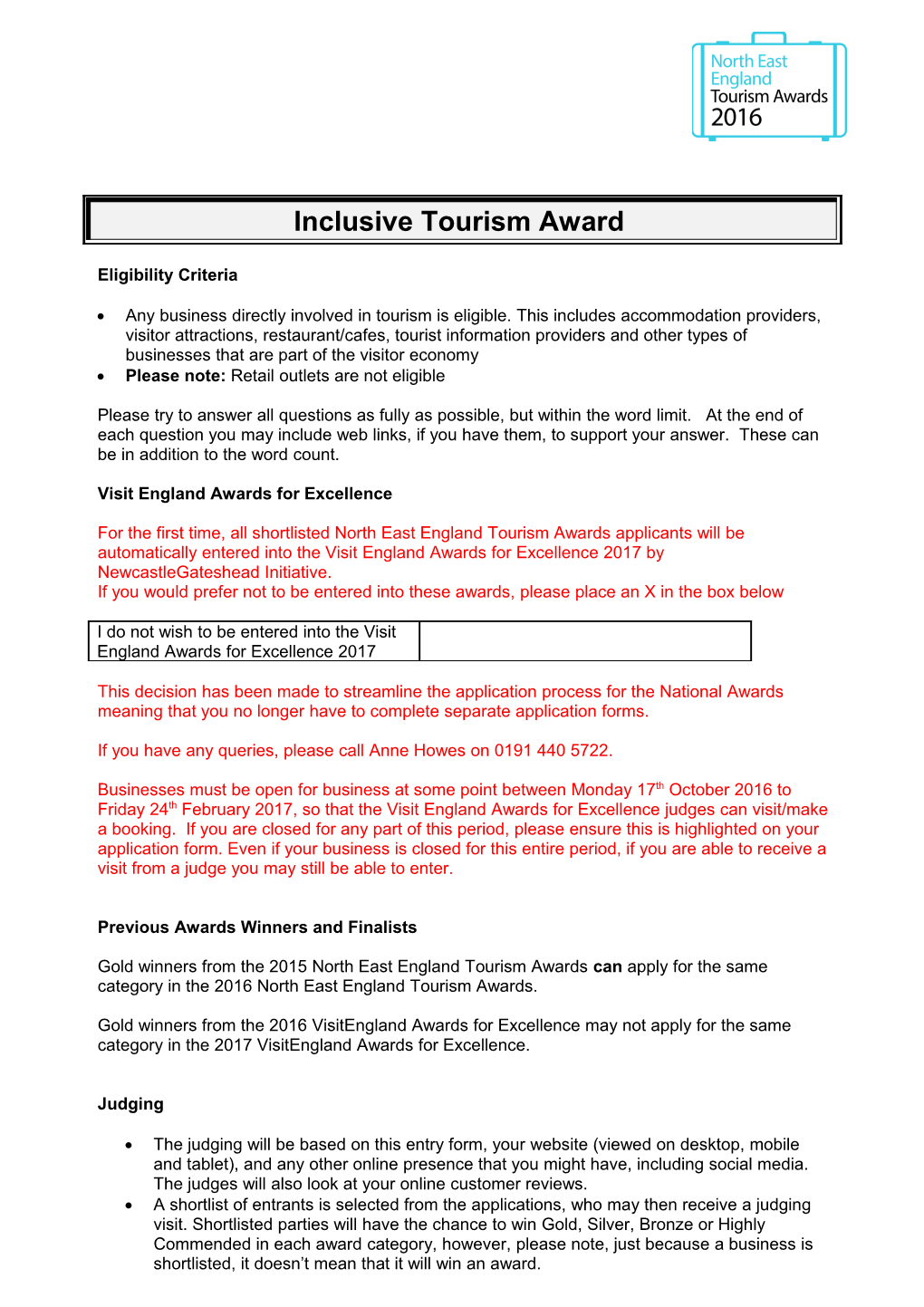 Inclusive Tourism Award Eligibility Criteria